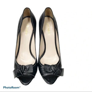 Prada black leather bow peep toe stiletto heels Sz  9.5